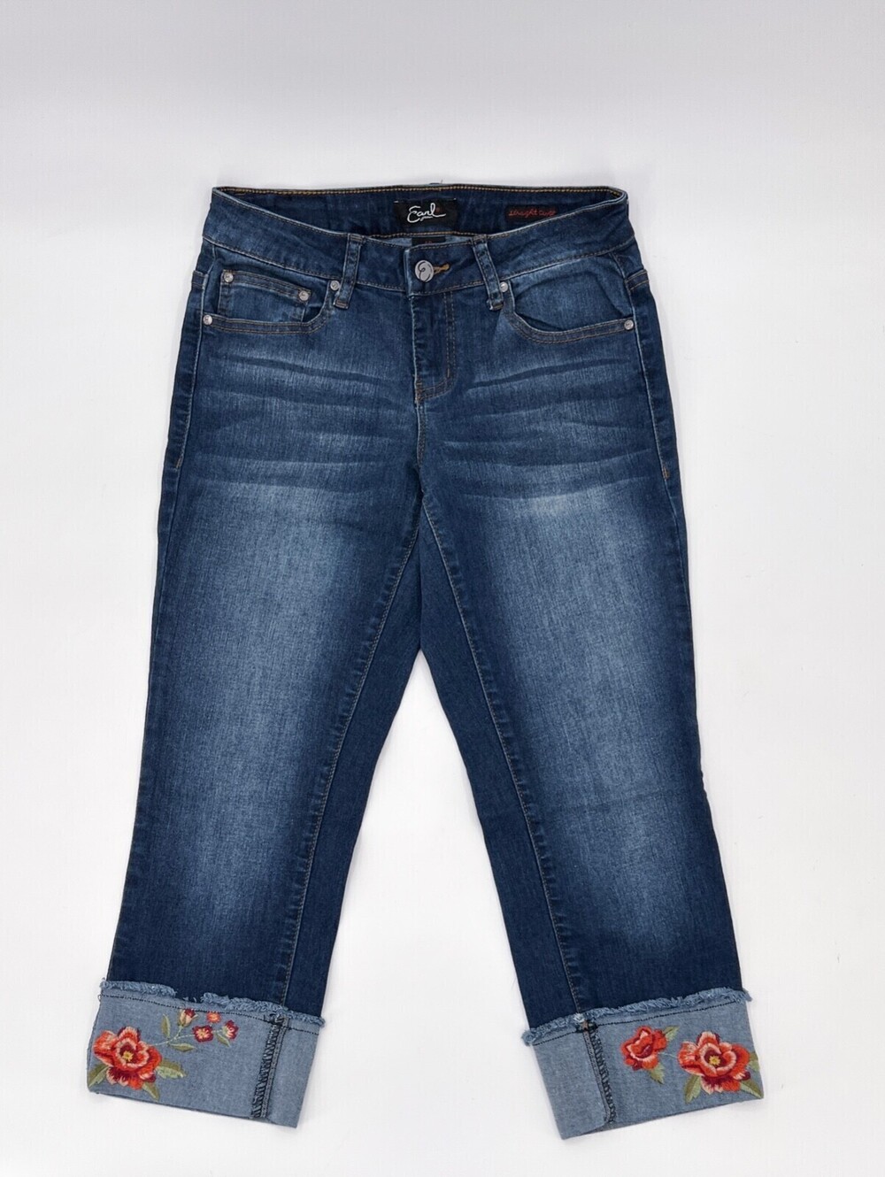 Earl Jeans Womens 4 Petite Blue Denim Cuffed Embroidered Cropped Straight Mid